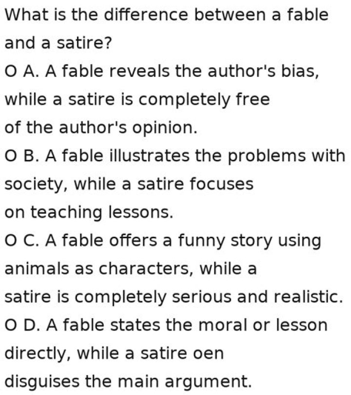 What is the difference between a fable and a satire?